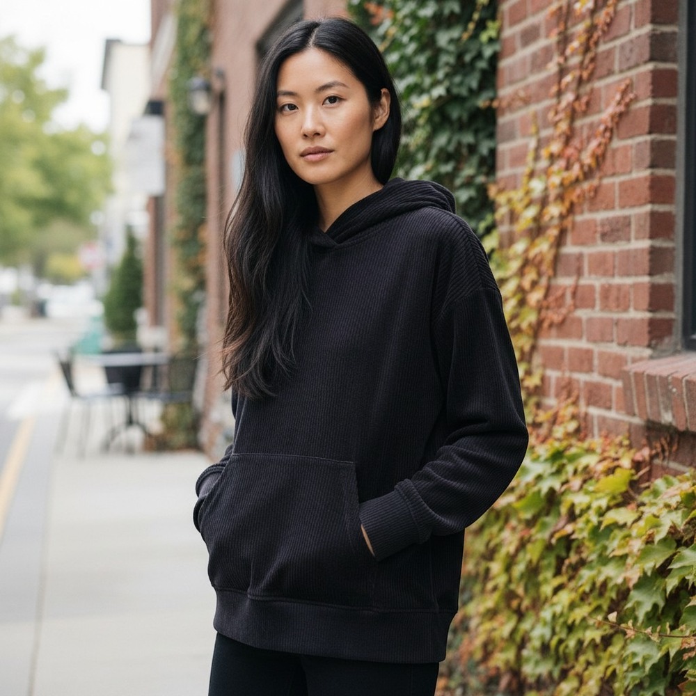 Avia Black Ribbed Velour Hoodie Womens Medium Pullover Sweatshirt Athleisure